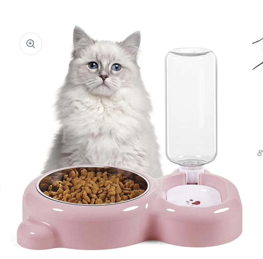 2-in-1 Cat Feeder with Stainless Steel Food Bowl and Automatic Water Dispenser Bottle- Pet Feeding Station for Cat & Dog