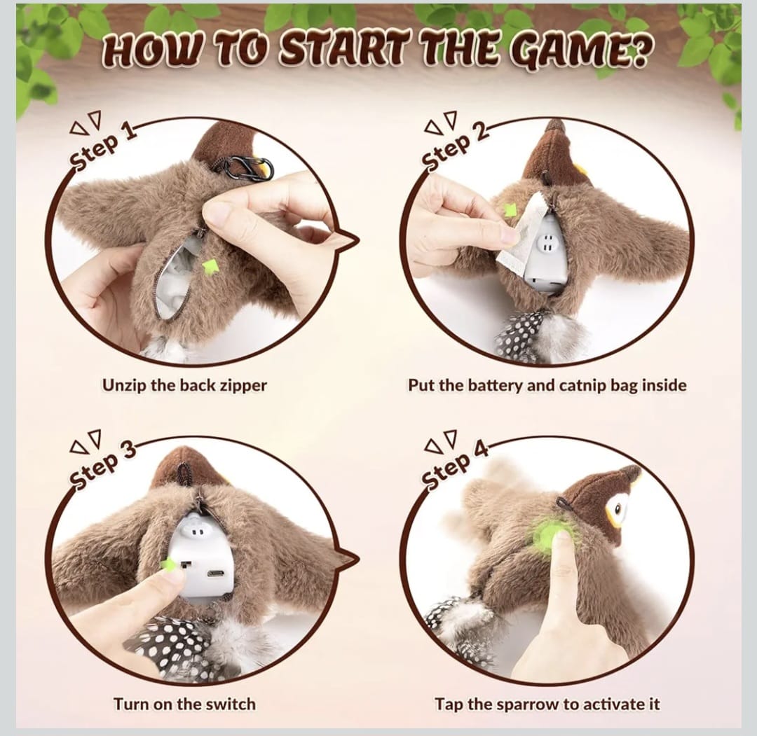 Motion-Activated Flying Bird Toy for Cats | USB Rechargeable Pet Playmate Flappy Bird cat Toys with Sound | Realistic Flying Toy for Cats | Includes Rope & Charging Cable