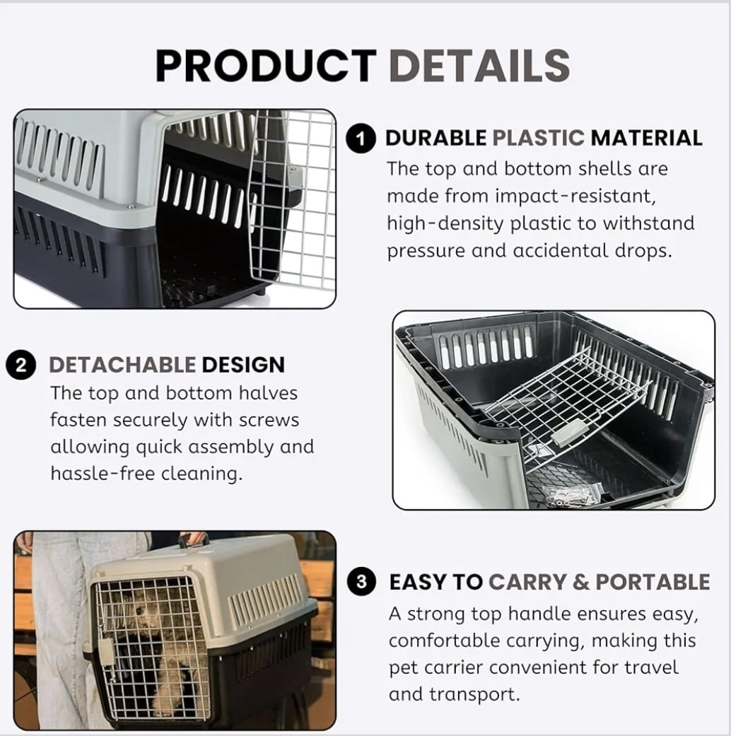 Puppies Portable Pet Carrier Crate with Handle (Fiber Cage - Large) (57 x 37 x 35cm) for Small Dogs, Cats & Rabbit Animal Carrier Travel Cage Box with Metal Door & Spring Lock (Color May Vary)