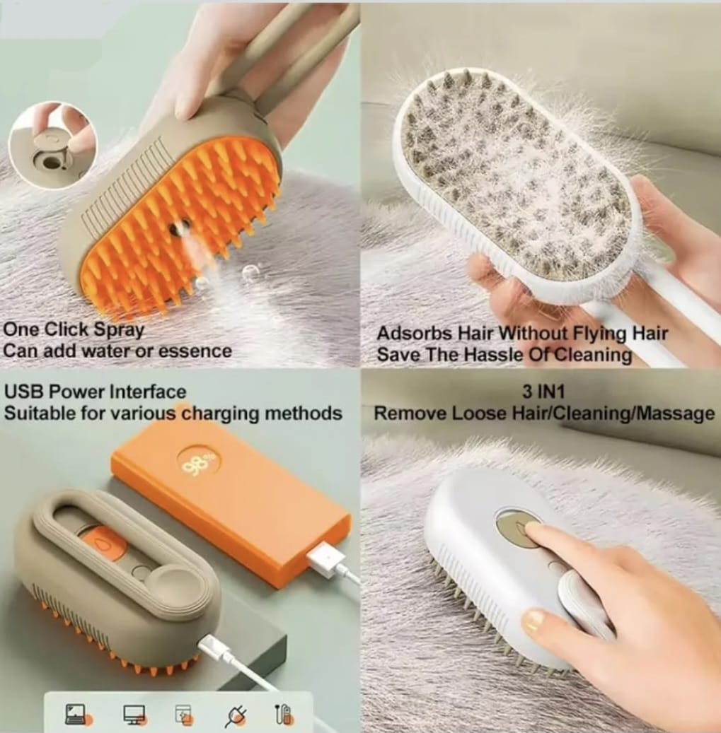 Electric Steam Cat Grooming Brush, 3-in-1 Cat Grooming Comb with Steam Spray, Rechargeable Cat Massage Brush for Long or Short Hair Cats (cream)