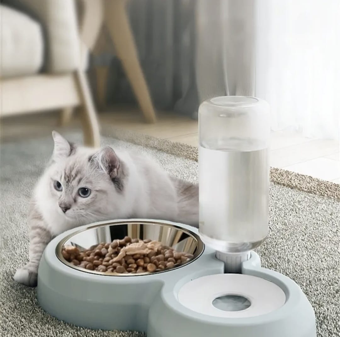 2-in-1 Cat Feeder with Stainless Steel Food Bowl and Automatic Water Dispenser Bottle- Pet Feeding Station for Cat & Dog