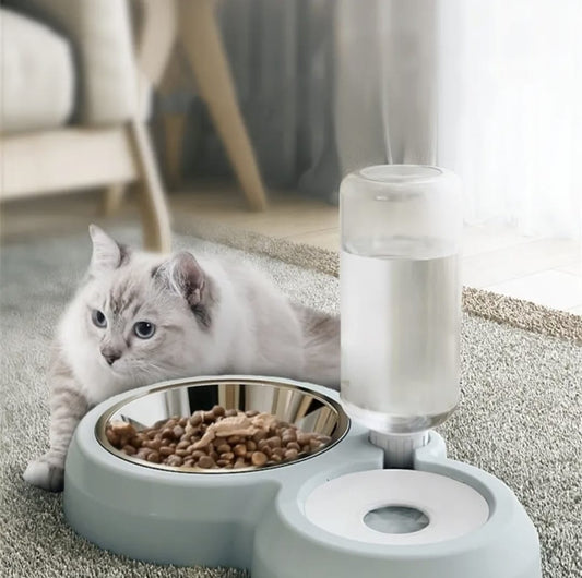 2-in-1 Cat Feeder with Stainless Steel Food Bowl and Automatic Water Dispenser Bottle- Pet Feeding Station for Cat & Dog