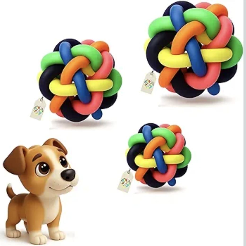 Dog Rubber Multi Colorful Wire Knot Ball with Bell for Puppy and Kitten | Cat Puzzle Throwing Interactive & Aggressive Toy for Teeth Cleaning and Training Exercise Toy