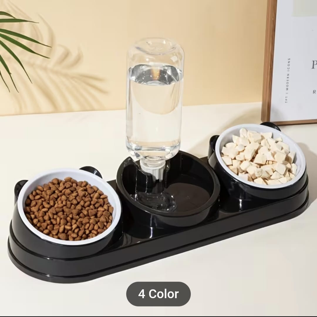 2-in-1 Dual Bowl Pet Feeder & Water Dispenser for Cats & Small Dogs - Durable Plastic, Anti-Slip Base, Easy-Clean Design with 2 Interchangeable Bowls