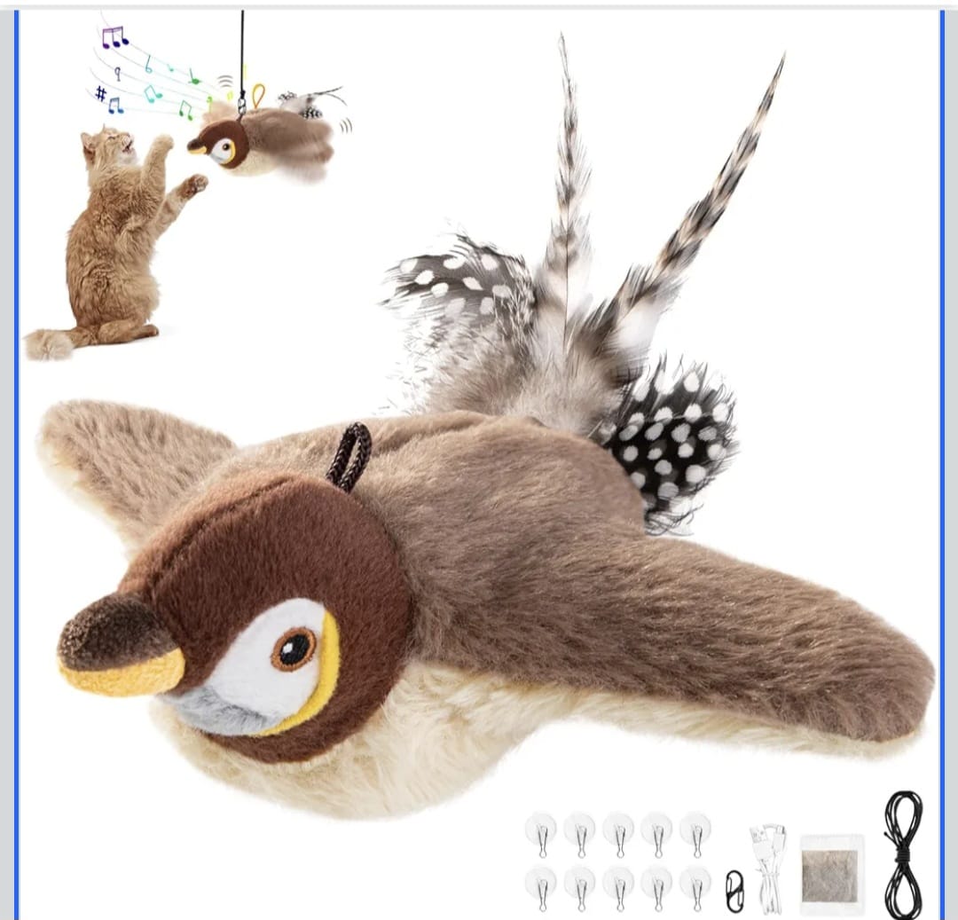 Motion-Activated Flying Bird Toy for Cats | USB Rechargeable Pet Playmate Flappy Bird cat Toys with Sound | Realistic Flying Toy for Cats | Includes Rope & Charging Cable