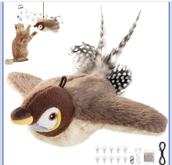 Motion-Activated Flying Bird Toy for Cats | USB Rechargeable Pet Playmate Flappy Bird cat Toys with Sound | Realistic Flying Toy for Cats | Includes Rope & Charging Cable