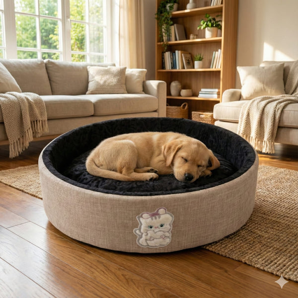 Cat and Dog Bed, Cozy and Comfortable, perfect for your Furry Friend, Big Size Bed (Cream and Black Color with a Textured))