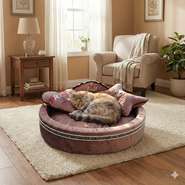 Cat and Dog Bed, Cozy and Comfortable, perfect for your Furry Friend, Big Size Bed with 2 Soft Pillow Set (Brownish-pink)