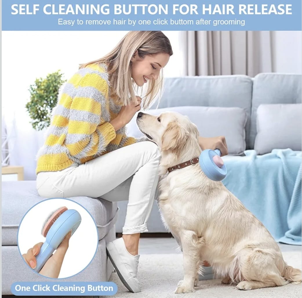 Cat and Dog Brush with Release Button,Self Cleaning Cat and Dog Hair Brush,Used to Untangle Tangles and Knots, Remove Loose Undercoat, Dander and Trapped Dirt(Blue)