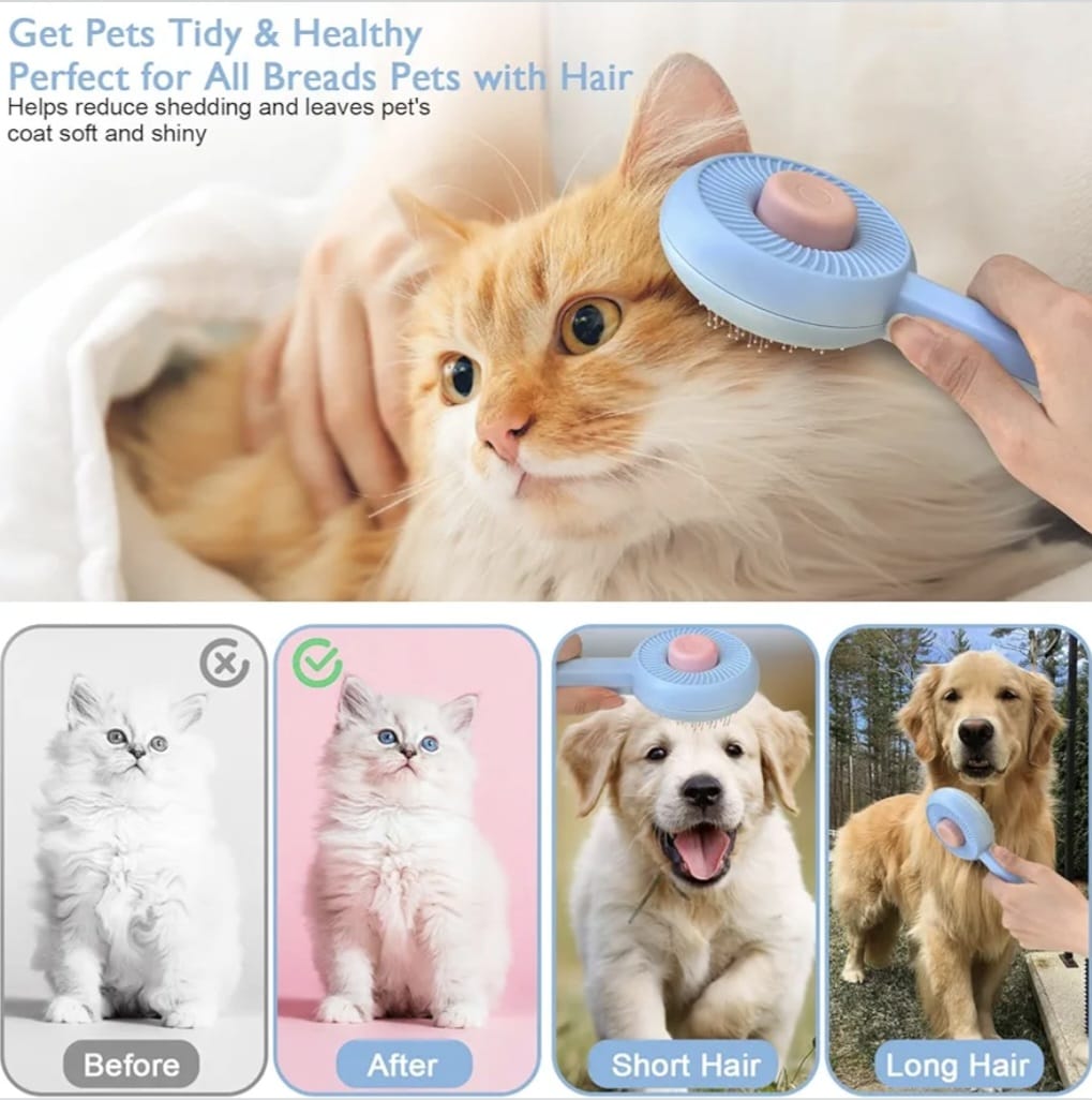 Cat and Dog Brush with Release Button,Self Cleaning Cat and Dog Hair Brush,Used to Untangle Tangles and Knots, Remove Loose Undercoat, Dander and Trapped Dirt(Blue)