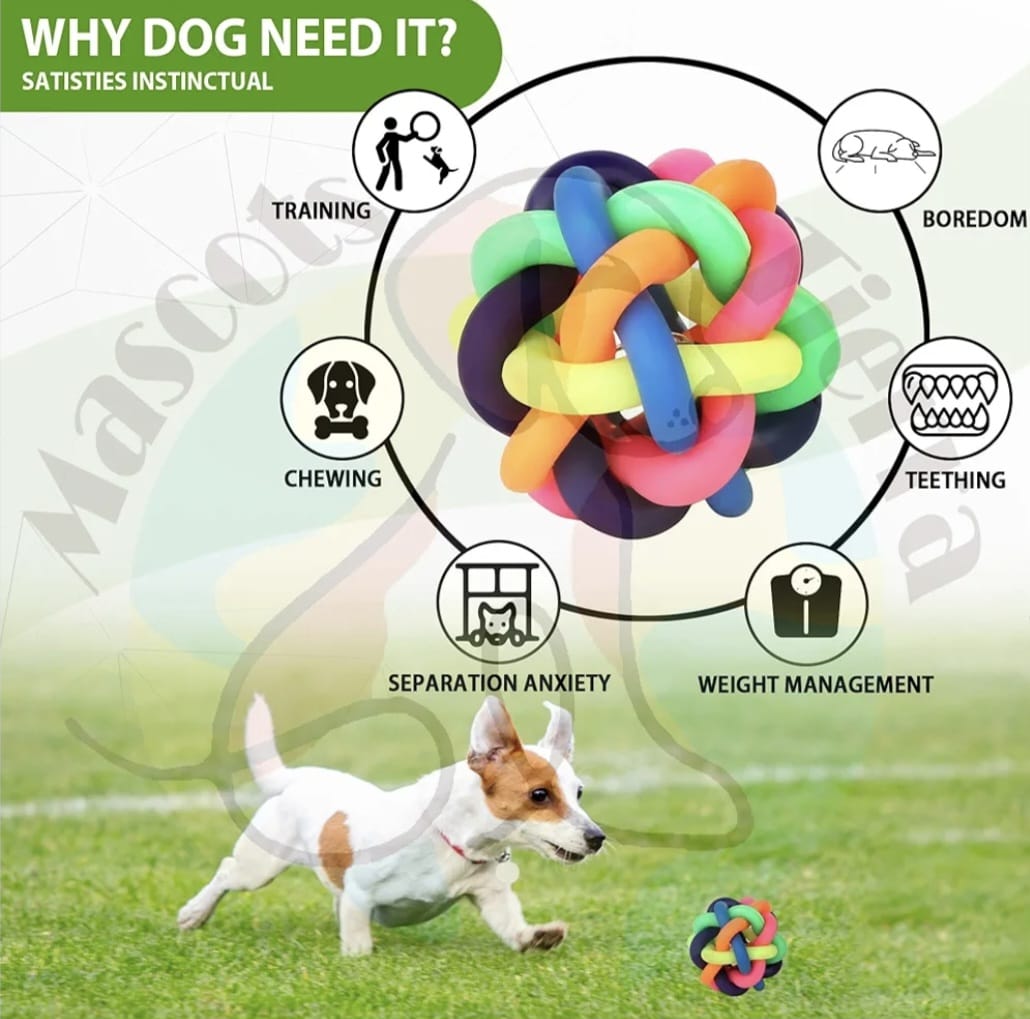 Dog Rubber Multi Colorful Wire Knot Ball with Bell for Puppy and Kitten | Cat Puzzle Throwing Interactive & Aggressive Toy for Teeth Cleaning and Training Exercise Toy