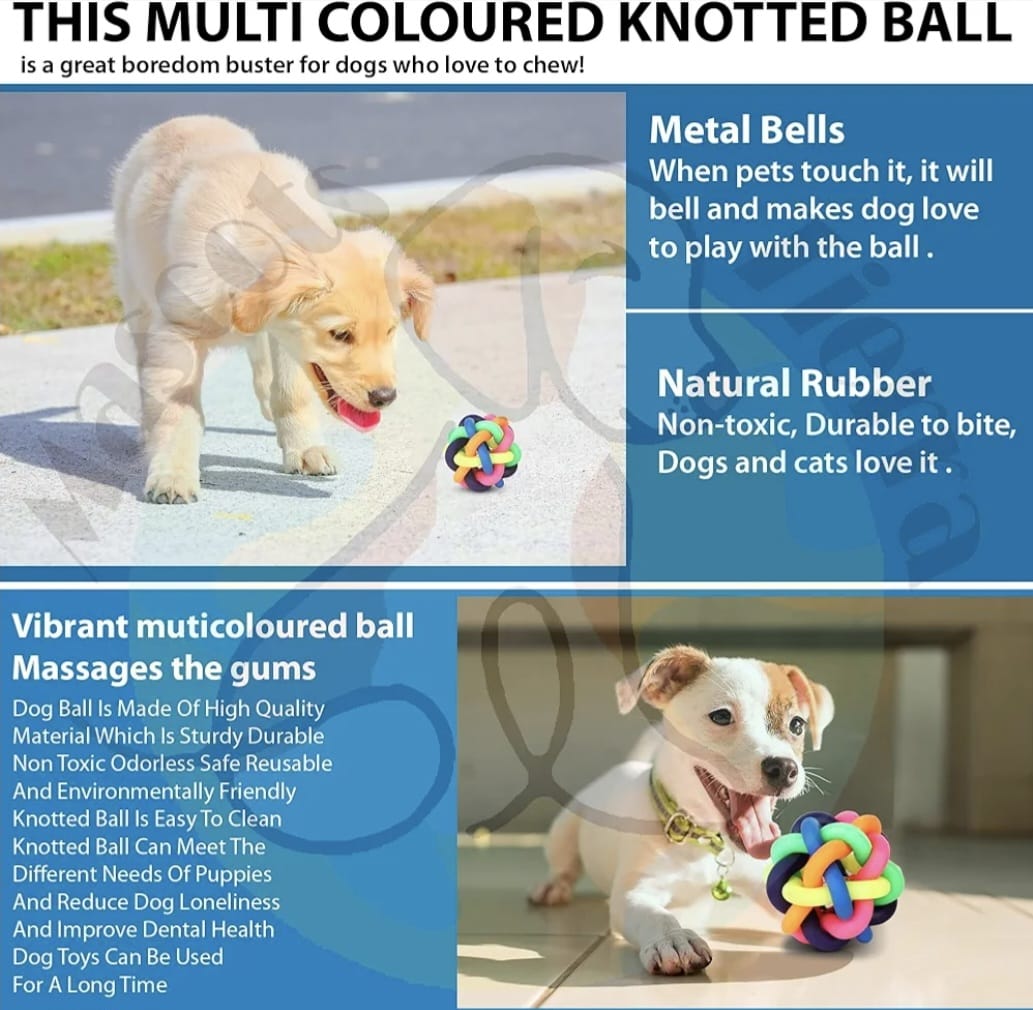 Dog Rubber Multi Colorful Wire Knot Ball with Bell for Puppy and Kitten | Cat Puzzle Throwing Interactive & Aggressive Toy for Teeth Cleaning and Training Exercise Toy