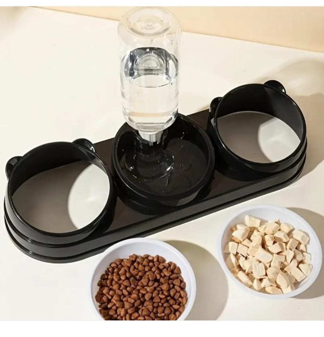 2-in-1 Dual Bowl Pet Feeder & Water Dispenser for Cats & Small Dogs - Durable Plastic, Anti-Slip Base, Easy-Clean Design with 2 Interchangeable Bowls