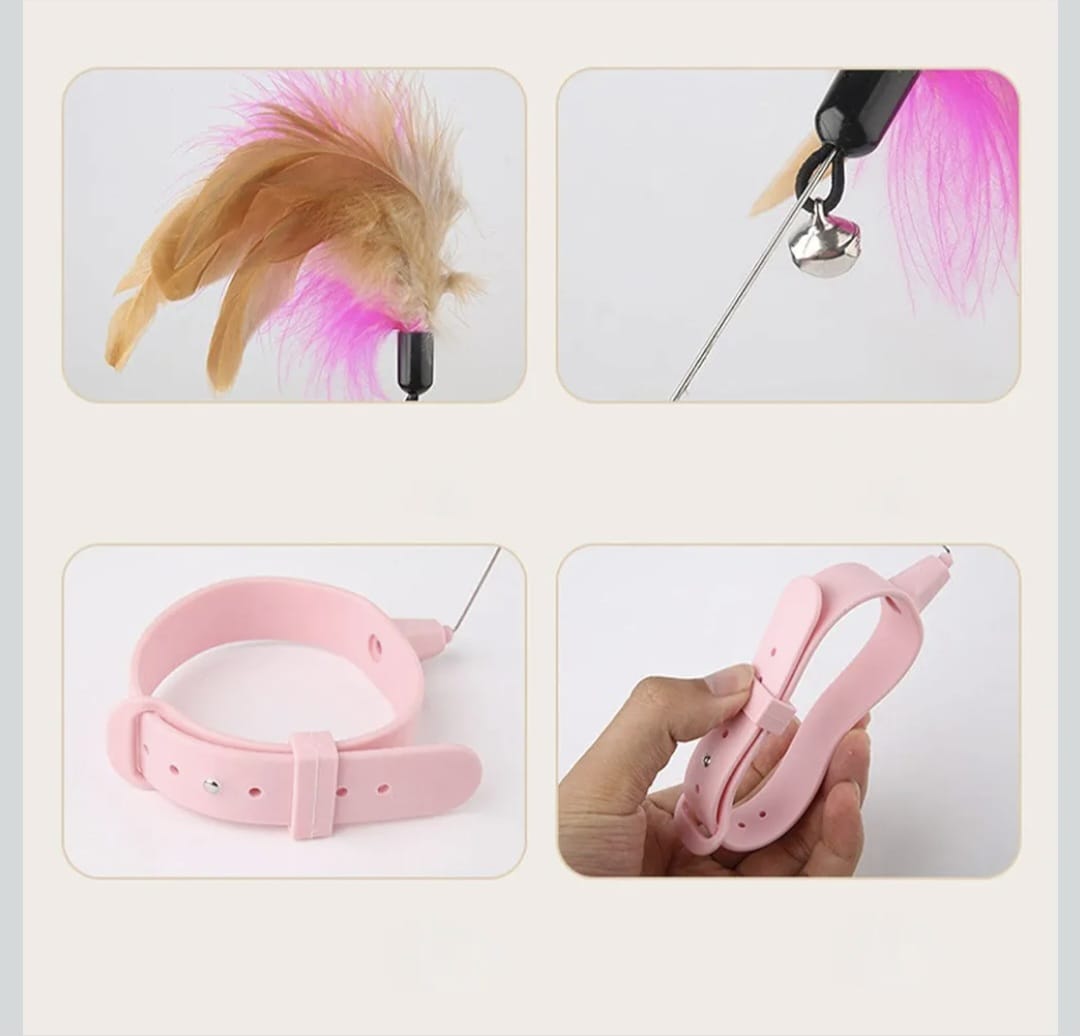 2pcs Cat Collar Toy, Silicone Cat Teasing Wand Adjustable Cat Feather Collar Toys with Bell Cat Interactive Teaser Toys for Indoor Cat Playing Training (Pink, Blue)