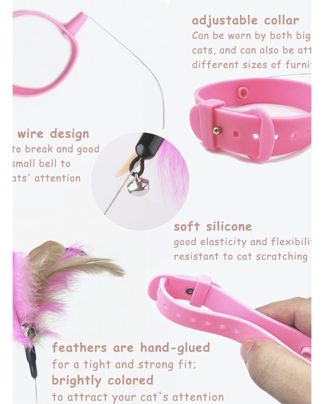 2pcs Cat Collar Toy, Silicone Cat Teasing Wand Adjustable Cat Feather Collar Toys with Bell Cat Interactive Teaser Toys for Indoor Cat Playing Training (Pink, Blue)