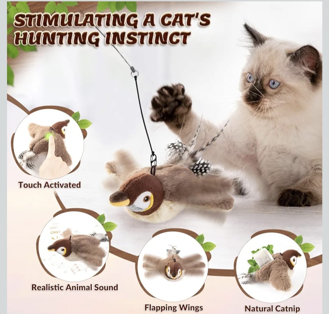 Motion-Activated Flying Bird Toy for Cats | USB Rechargeable Pet Playmate Flappy Bird cat Toys with Sound | Realistic Flying Toy for Cats | Includes Rope & Charging Cable