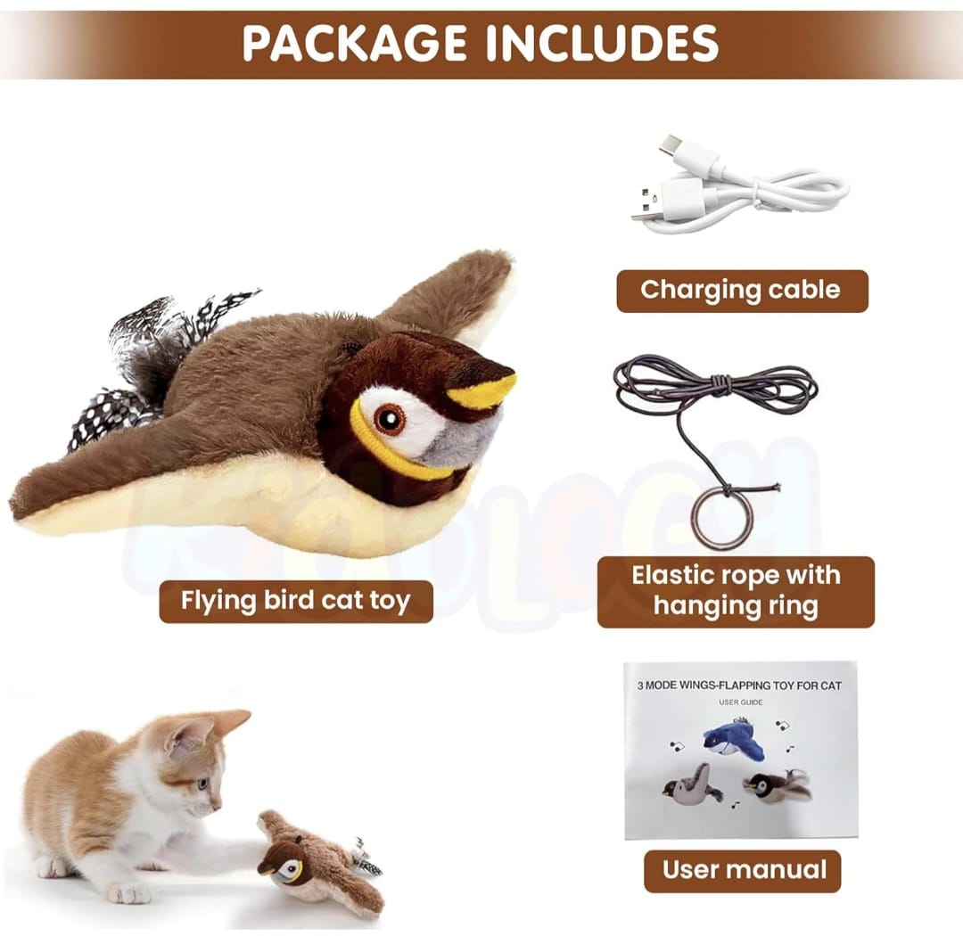 Motion-Activated Flying Bird Toy for Cats | USB Rechargeable Pet Playmate Flappy Bird cat Toys with Sound | Realistic Flying Toy for Cats | Includes Rope & Charging Cable
