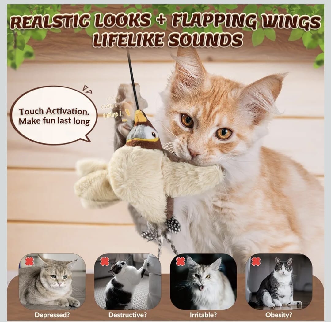 Motion-Activated Flying Bird Toy for Cats | USB Rechargeable Pet Playmate Flappy Bird cat Toys with Sound | Realistic Flying Toy for Cats | Includes Rope & Charging Cable