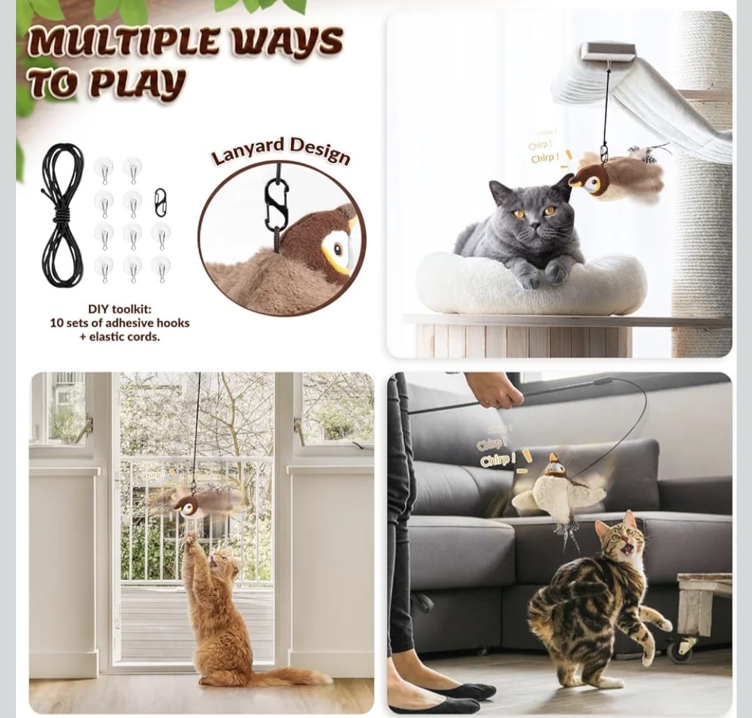 Motion-Activated Flying Bird Toy for Cats | USB Rechargeable Pet Playmate Flappy Bird cat Toys with Sound | Realistic Flying Toy for Cats | Includes Rope & Charging Cable