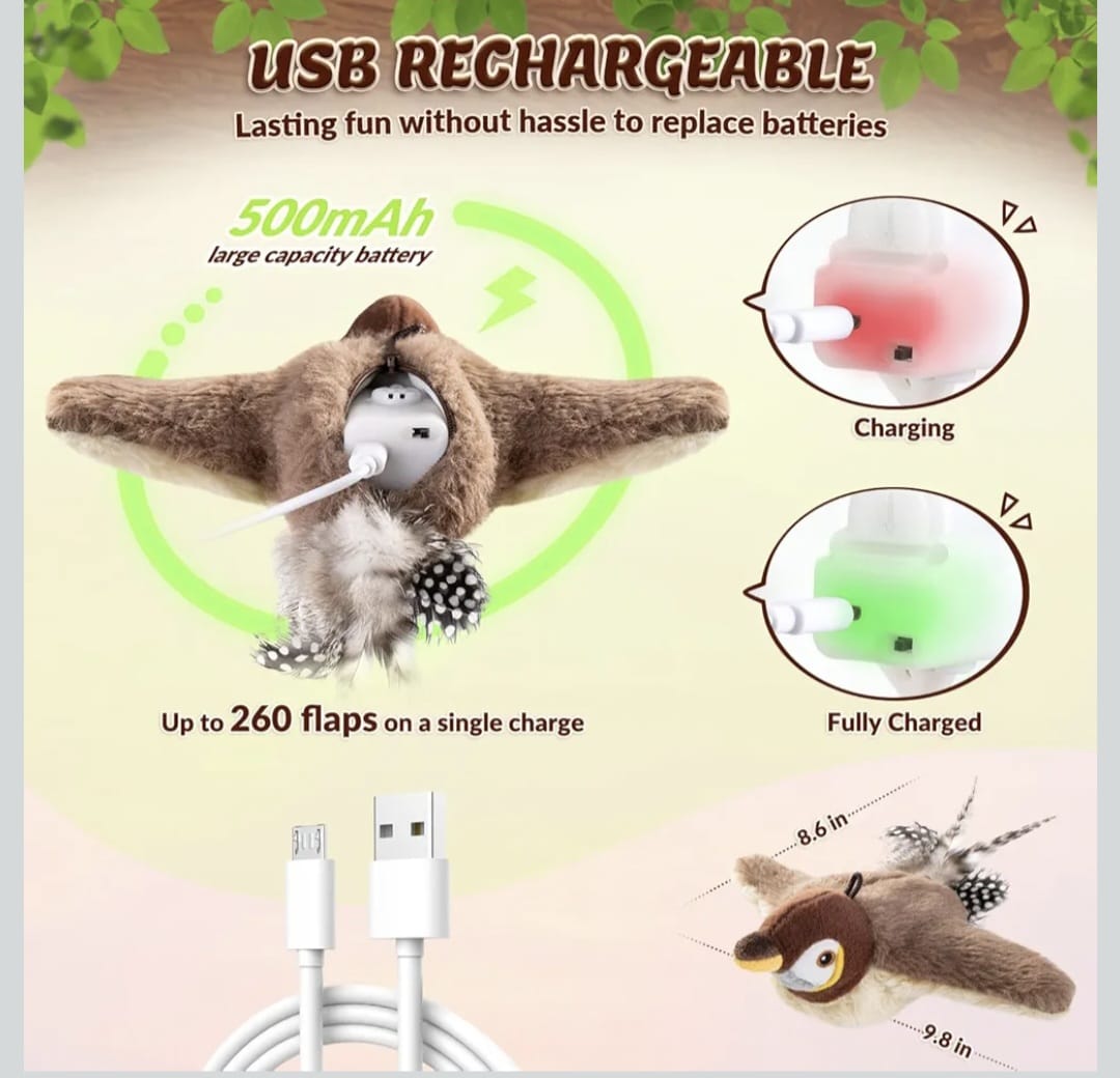 Motion-Activated Flying Bird Toy for Cats | USB Rechargeable Pet Playmate Flappy Bird cat Toys with Sound | Realistic Flying Toy for Cats | Includes Rope & Charging Cable