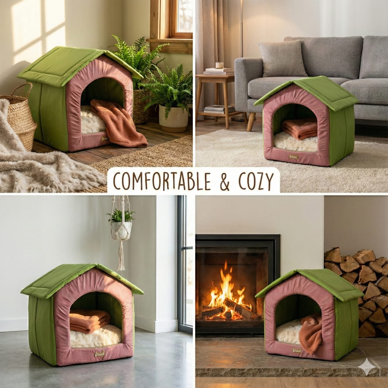 Cat and Small Dog House, Perfect for your Furry Friend, Cozy and Comfortable, with Cushion (pink and green)