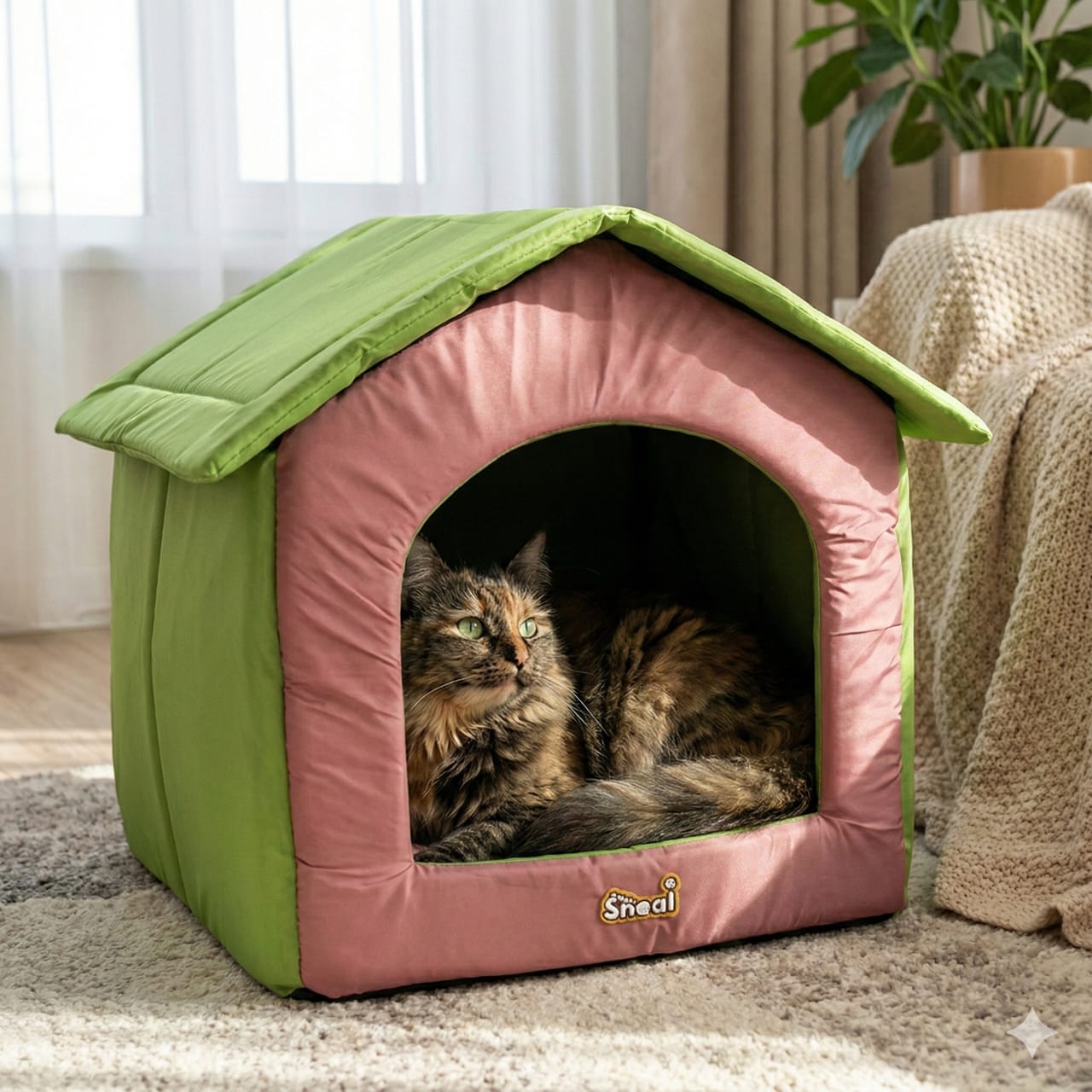Cat and Small Dog House, Perfect for your Furry Friend, Cozy and Comfortable, with Cushion (pink and green)
