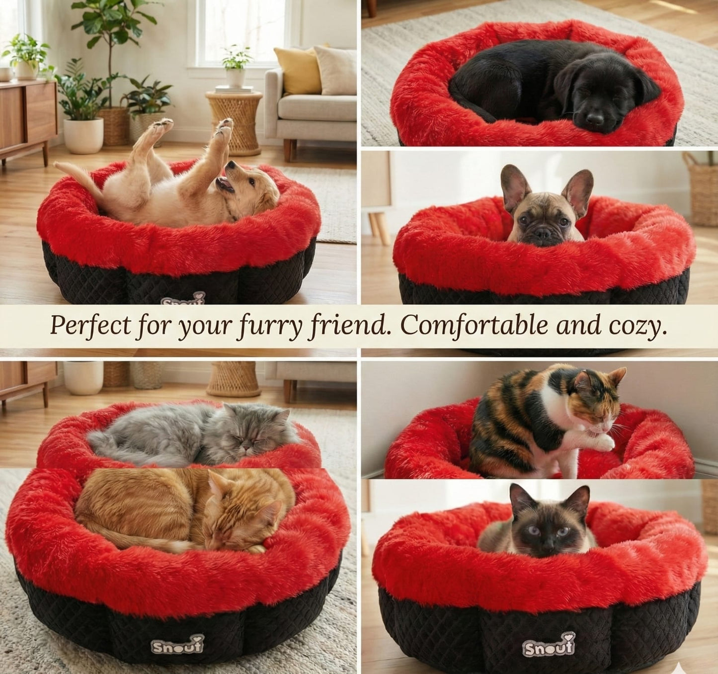 Cat and Dog Bed, Cozy and Comfortable, perfect for your Furry Friend (Red and Black)