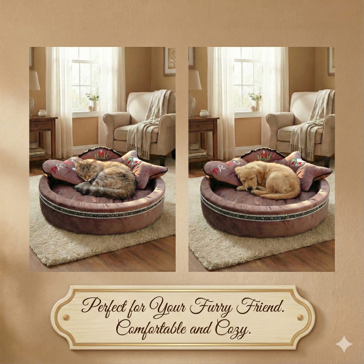 Cat and Dog Bed, Cozy and Comfortable, perfect for your Furry Friend, Big Size Bed with 2 Soft Pillow Set (Brownish-pink)