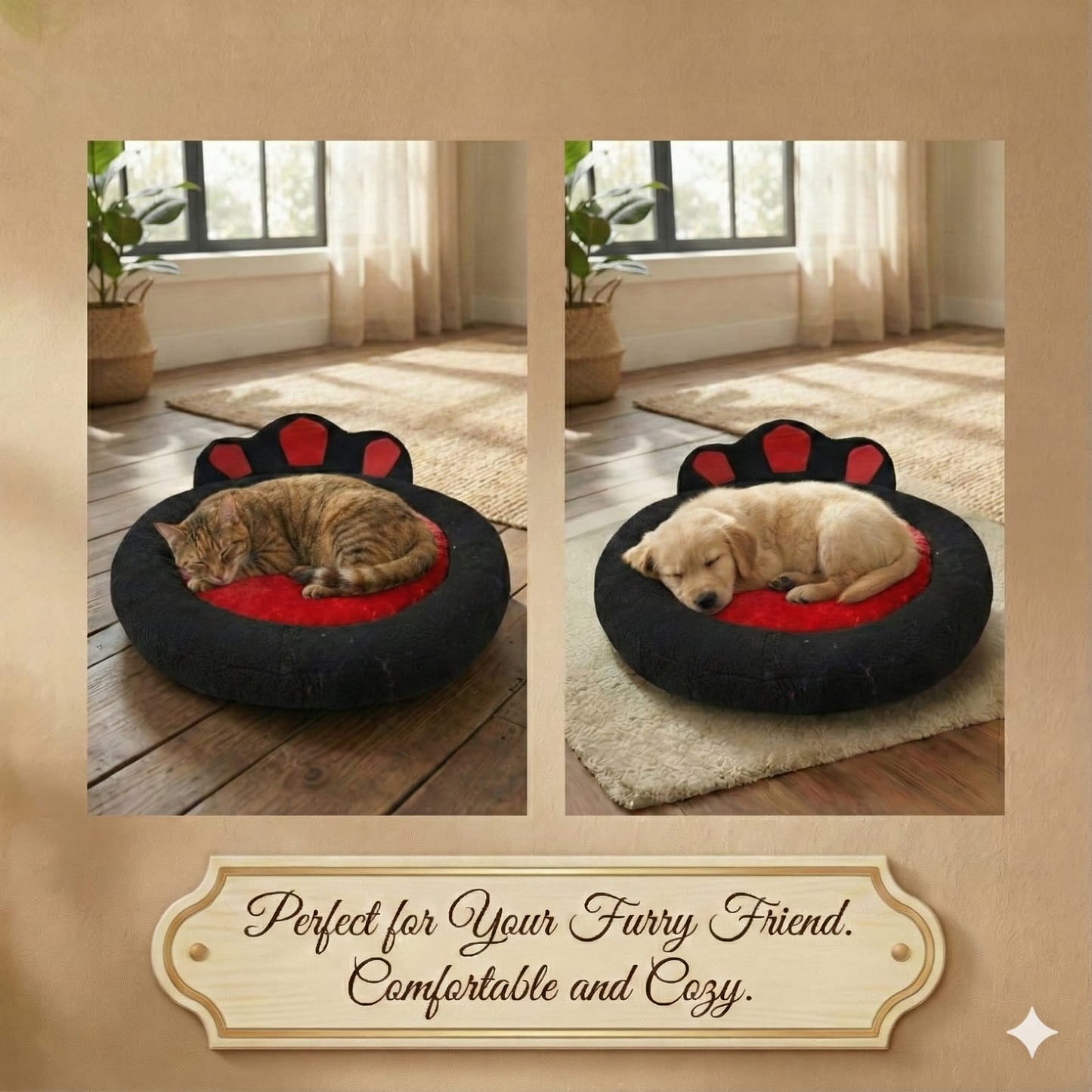 Cat and Dog Bed, Cozy and Comfortable, perfect for your Furry Friend, (Red and Black)
